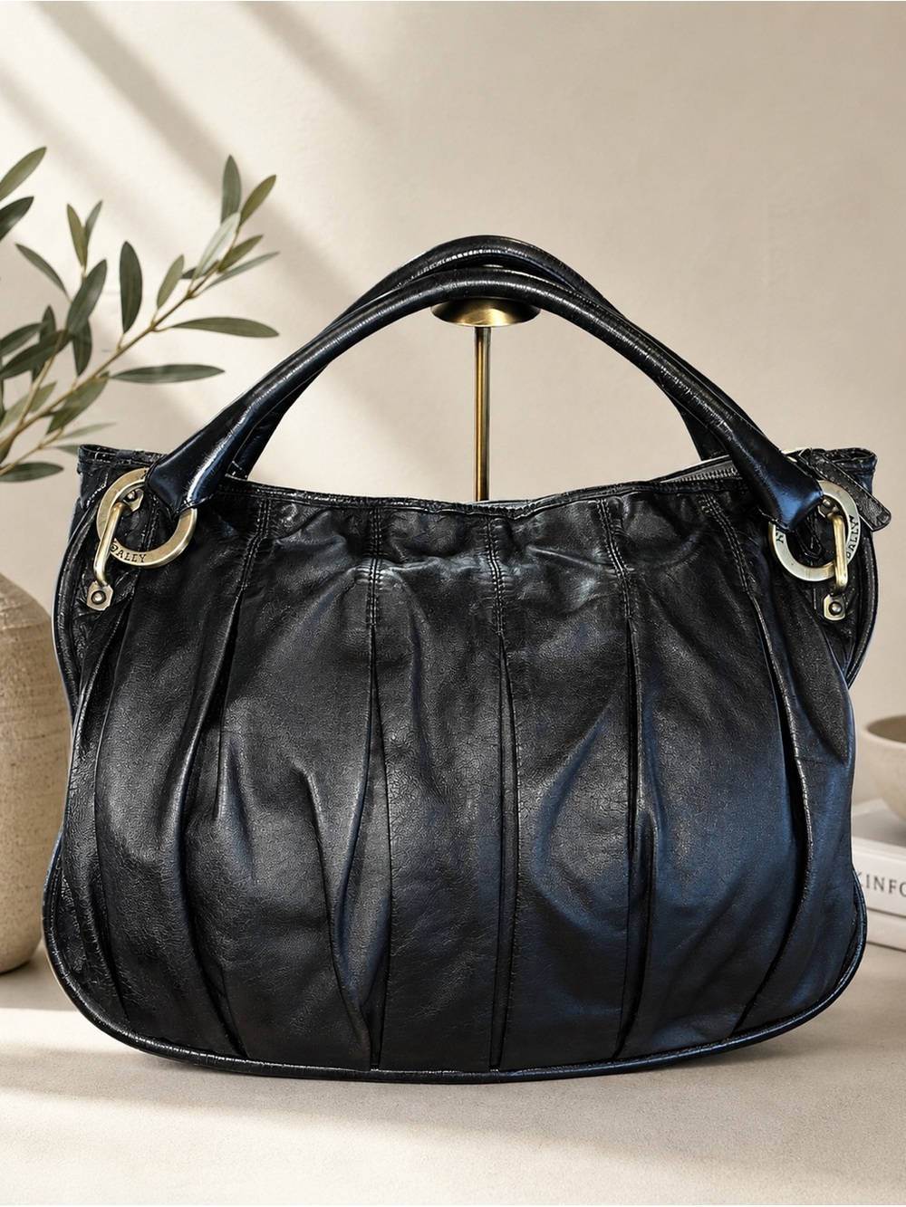 Bally Black Nappa Leather Pleated Shoulder Bag | Made in Italy | EUC
